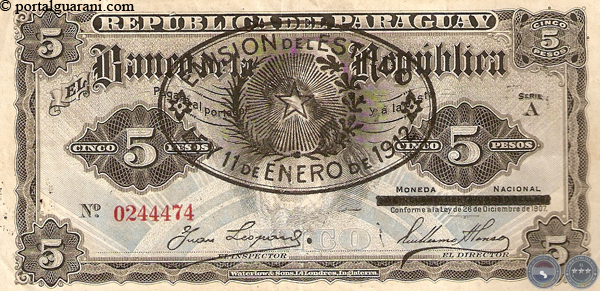CINCO PESOS MONEDA NACIONAL - RESELLADO A.A.23 - FIRMA: JUAN LEOPARDI - GUILLERMO ALONSO